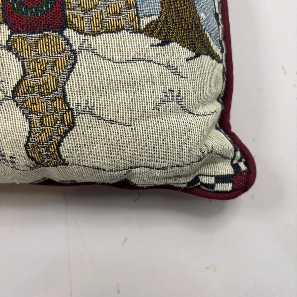 Vintage Woven Tapestry Snowman Winter Cottage Decorative Accent Pillow Burgundy
